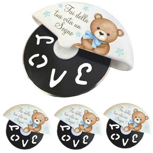 Regalami.Shop 4 Bomboniere Tagliapizza Orsetto con Scatola, Bomboniere Battesimo Bimbo e Bimba, Babyshower, Nascita, Compleanno. Bomboniere Originali e Bombonniere Utili (Celeste)