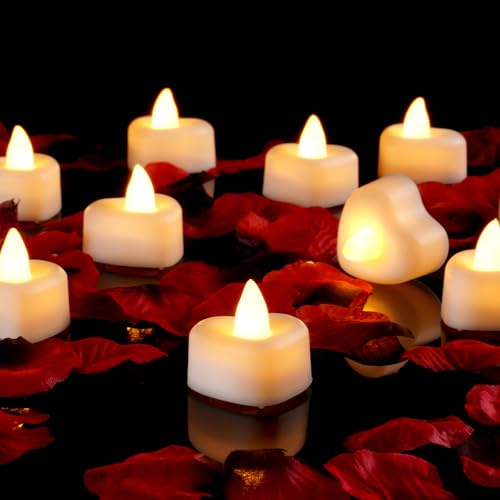 AMAGIC Lot de 1000 pétales de rose artificiels et 12 bougies chauffe-plat LED en forme de cœur - Kit romantique pour demande en mariage, anniversaire, Saint-Valentin, décoration de table de mariage