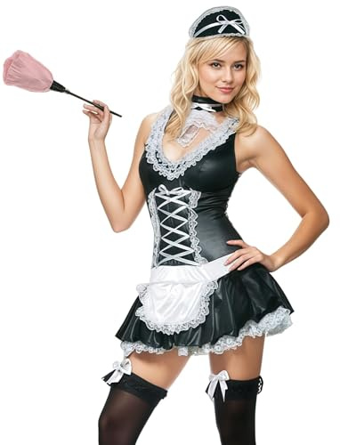 Fy-Dooy Naughty French Maid Costume, Halloween Classic French Maid Fancy Dresses with Apron and Headpiece