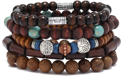 5PCS Boho Beaded Bracelets for Women and Men – Stackable Wooden & Alloy Bracelets with Turquoise Beads and Tree of Life Charm, Handmade Elastic Cuff Jewelry Gift Set#A