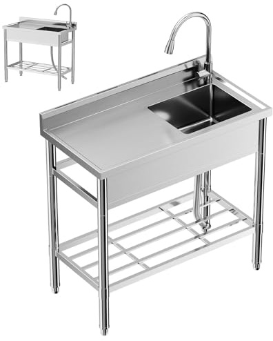 Portable Stainless Steel Sink Unit with Drainboard - NSF Commercial Kitchen Sink, No Plumbing Needed, 304 Faucet & Storage Shelf for Outdoor, Campervan, Garage (120x51x94cm)