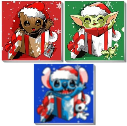 Coinsyyds Kit de peinture de Noël par numéros pour adultes avec cadre 3 pièces Baby Yoda, peinture par numéros Groot, kit de peinture sur toile encadrée pour adultes débutants, 20 x 20 cm