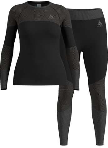 Odlo Performance WARM Damen Funktionsunterwäsche Set, Schwarz, Atmungsaktiv mit Belüftungszonen, Skiunterwäsche für Wintersport, Geruchshemmend mit HEIQ Mint (Black, S)