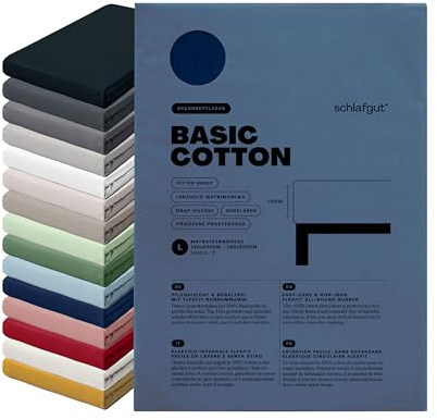 schlafgut Basic Cotton Spannbettlaken 140x200 cm 100% Baumwolle, Blue Deep | Bettlaken, Spannbetttuch 160x200 cm, Blau, Jersey, bis 22 cm Steg, Made in Green, atmungsaktiv