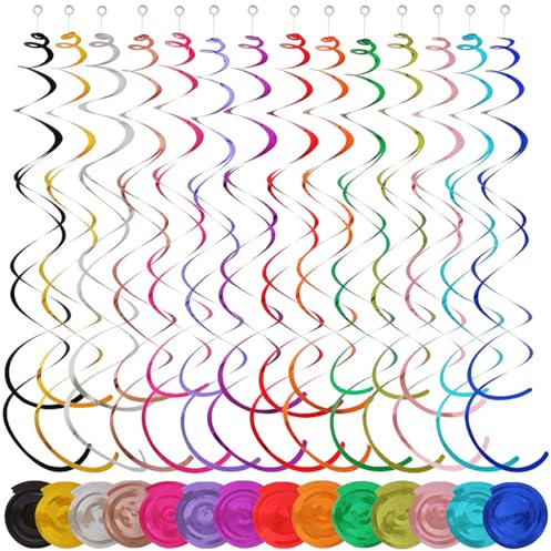 48 Stück Dekorative Spiralen Girlanden Mehrfarbig Spiralen Hängende Geburtstagsdeko mit Haken Wiederverwendbare Hängende Deko für Geburtstag, Hochzeit, Karneval