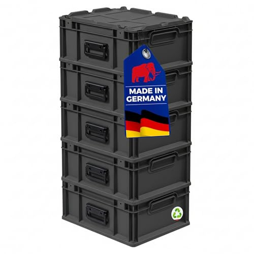 PROREGAL SuperSparSet 5x Eurobox NextGen Portable Made in Germany | HxBxT 18,5x30x40cm |16 Liter | Schwarz | Eurobehälter, Transportbox, Transportbehälter, Stapelbehälter