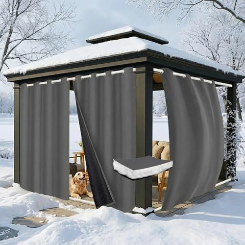 PLODAXE 2er Set Thermovorhang Kälteschutz Outdoor Wetterfest, Dicke 405g/m² | Wärmeschutzvorhang mit Ösen oben & Stangendurchzug unten, für Terrasse Balkon, Grau, H274 x B132 cm
