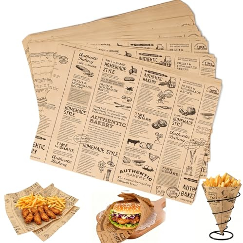 100 Blätter Deli Backpapier Zeitungsoptik, Brotpapier Zuschnitte 38x28cm cm, Bio Backpapier ohne pfas, Wrap Papier für Burger, Butterbrotpapier, Butterbrot, Käse, Pommes Frites, Kuchen