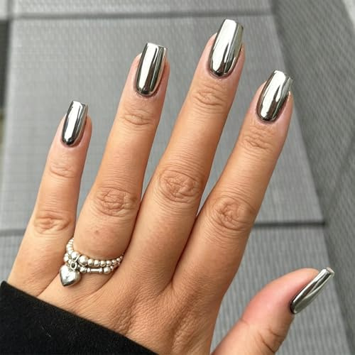 Chrome Metallic False Nails Silver Mirror Press on Nails 24pcs Square False Nails with Glue Cool Fake Nails Glue On Nails Stick on Nails for Women (Chrome)