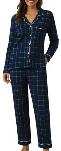 JokeLomple Pyjama Femme Flanelle Coton Confortable Boutonné Manches Longues Pyjama à Carreaux d'automne et d'hiver Noël Chemise et Pantalons