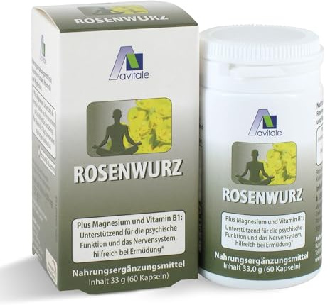 Avitale Rosenwurz 200 mg + Magnesium + Vitamin B1, vegan, 60 Kapseln | Hilfreich bei Ermüdung, unterstützend für die psychische Funktion und das Nervensystem: Vitamin (60 mg) + Vitamin B1 (1,4 mg)
