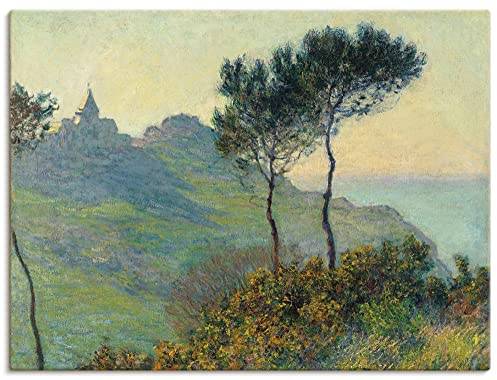 ARTLAND Wanddeko Leinwand Bilder Wandbild 60x45 cm Landschaften Natur Bäume Die Kirche von Varengeville bei Abendsonne 1882 Impressionismus Claude Monet R0RV