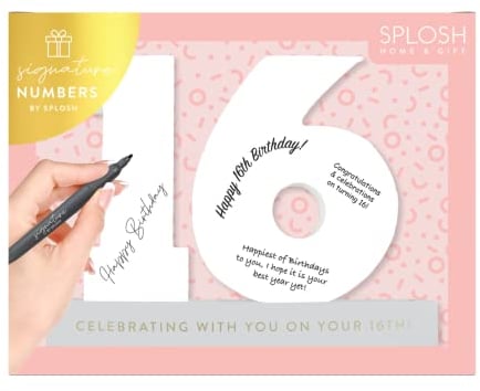 Splosh 16 Signature Numbers with a Stand to Hold The Number and Pen. Use The Pen to Write on Heartfelt or Funny Messages and Memories. 16th Birthday Decorations and 16th Birthday Gifts For Girls.