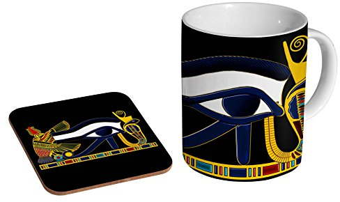 ägyptische Tasse und Untersetzer, Motiv: Auge des Horus, aus Keramik, Geschenkset