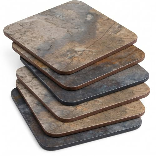 Pimpernel Set of 6 Coasters - Earth Slate Design, Cork-Backed Drink Coasters with Heat Resistance and Stain Protection, Suitable for Tea, Coffee, and Everyday Use, 10.5 x 10.5cm