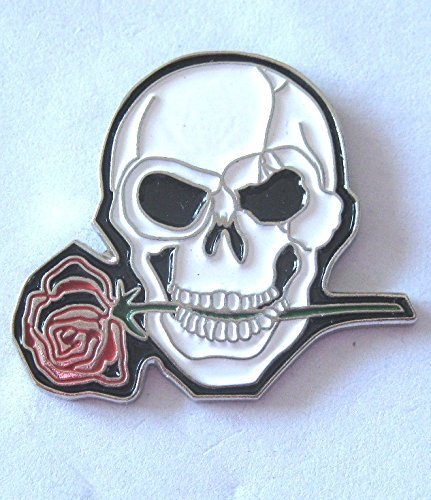Metal Enamel Pin Badge White Skull & Red Rose Scooter Trucker Biker by Mainly Metal