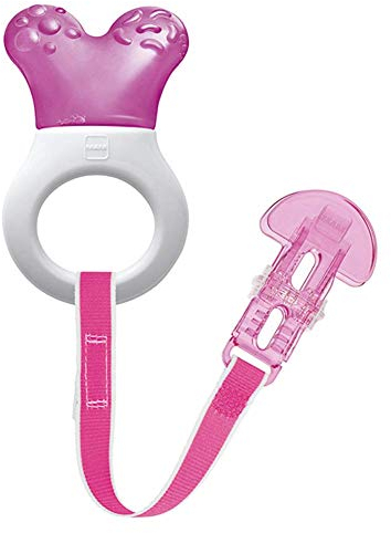 MAM Mini Cooler & Clip | Teething Toy with Water-Filled Cooling Element | Suitable from 2+ Months | Relief for Painful and Sensitive Gums | Easy-to-Hold Handle | Pink