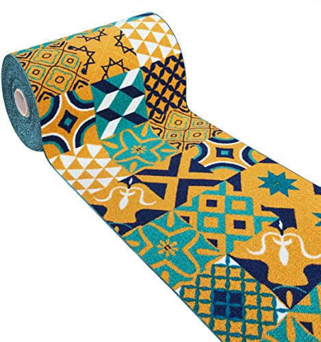 Tappeto Cucina Tessitura Piatta Retro Antiscivolo Piastrelle Maioliche Multiuso Corridoio Bagno Camera MOD.FAKIRO36 57x240 Verde