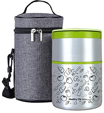 Lille Home Termo térmico de 950 ml, aislado al vacío, apilable, de acero inoxidable, caja térmica para almuerzo/aperitivos, contenedor de 2 niveles con bolsa de almuerzo (verde)