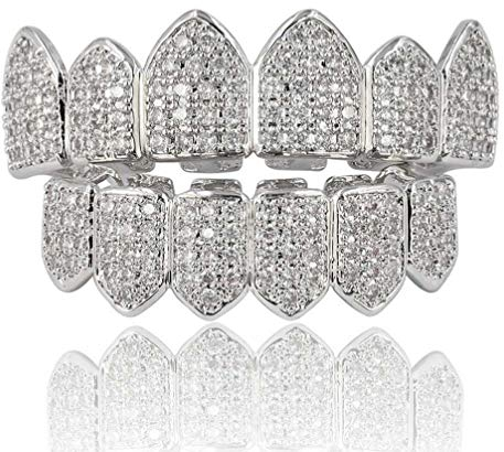 L&H Hip Hop Teeth Grill Set Microset Diamond Braces Vampire Zähne Grillz BBQ Mode Schmuck Männer und Frauen Paint Gifts,Silver