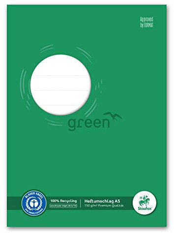 Staufen Ursus Heftumschlag mit Beschriftungsfeld, 10 Stück, DIN A5, 150g/m² Recyclingpapier, Schutz für Schulhefte, Farbe grün, Green