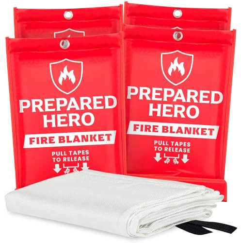 Prepared Hero Coperta antincendio di emergenza extra large 4 Confezioni - Coperta antincendio extra large per cucina, 119.38cm x 180.34cm Coperta antincendio per casa, Coperta in fibra di vetro, XL