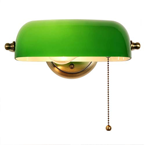 Retro traditionellen Stil Banker Lampe Wandleuchte mit Zugkette Schalter Klassische Bank Wandlampe Green Glass Lampenschirm Leseleuchte Nachttischleuchte für Schlafzimmer Bettseite Lernenleuchte