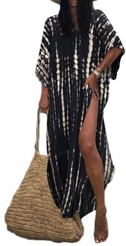 Bsubseach Women Black Beach Kaftan Dresses Half Sleeve Plus Size Bathing Suit Cover Ups Caftan Dresses