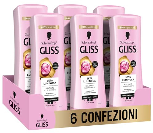 Gliss Schwarzkopf Leuchtende Seidenspülung für stumpfes Haar, mit Keramik und Seide, Rosa - Packung mit 6 Stück x 200 ml