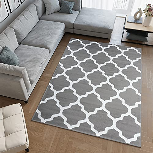 TAPISO Luxury Teppich Kurzflor Hellgrau Weiß Modern Marokkanisch Geometrisch Kleeblatt Gitter Rauten Muster Schlafzimmer Wohnzimmer ÖKOTEX 140 x 200 cm