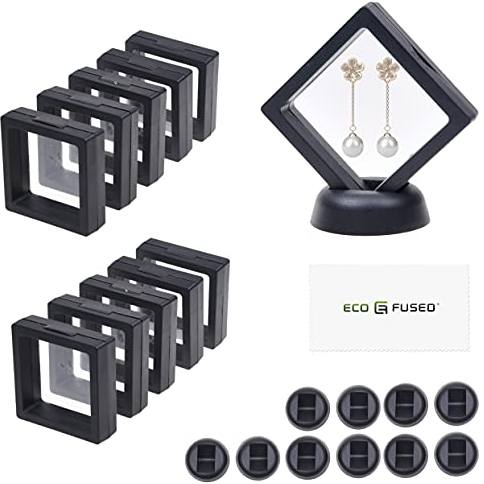 Eco-Fused 3D-Transparent-Schweberahmen - 10er-Set - Hängevitrine für Sammlerstücke, Erinnerungsstücke, Dekorationen - Halter für Münzen, Schmuck, Medaillen, Edelsteine (Schwarz)