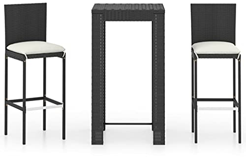 vidaXL Gartenbar Set 3-TLG. mit Kissen Theke Bar Tresen Gartentheke Bartisch Stehtisch Barhocker Barstuhl Gartenmöbel Poly Rattan Schwarz