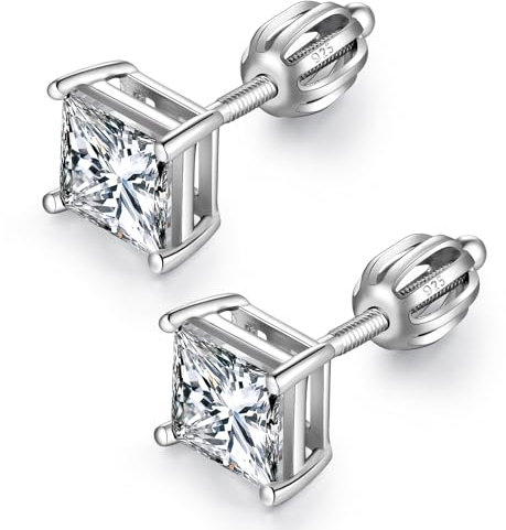 Men Stud Earrings Screw Back Men Diamond Earrings CZ Earrings Silver Square Stud Earrings with Screw Back Princess Cut Earring Cubic Zirconia Stud Earrings for Women Stretling Silver Men Earring 4MM