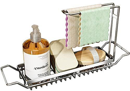 TZAMLI Teleskop Spülbecken Organizer mit Lappenhalter, Edelstahl Schwammhalter Schmal Spülbeckenregal Caddy Ordnungshelfer für die Küche Spüle (Silber, L)
