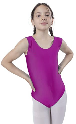 Carnavalife Maillot Ballet Danza Niñas sin Mangas, Maillot Baillot de Cuello Redondo para Gimnasia Baile Fiesta (Fucsia, 7-9 años)