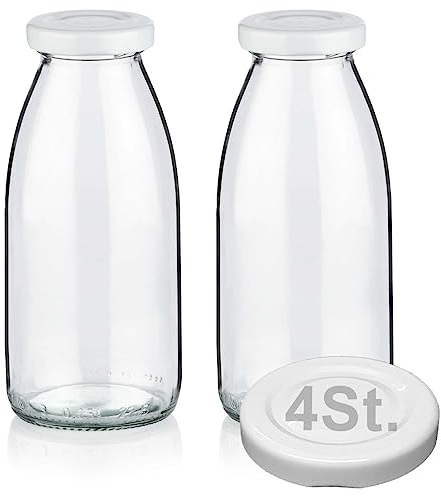 Geniess-Bar! 2 Milchflaschen 250ml mit 4 Deckel BPA frei Saftflaschen Glasflaschen 0,25L auch erhältlich mit 5/8/15 Flaschen Weithalsflaschen leer zum Befüllen Schraubdeckel