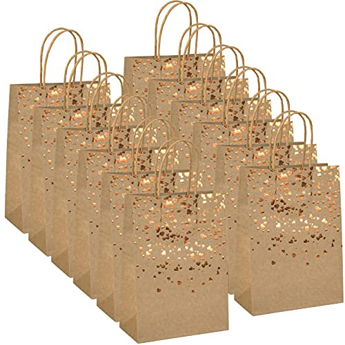15pcs Sacs en Papier Kraft avec Poignées pour Fête, Célébrations, Baby Shower, Anniversaire, Noël - Sacs-Cadeaux avec Coeur à Pois (Or Rose)