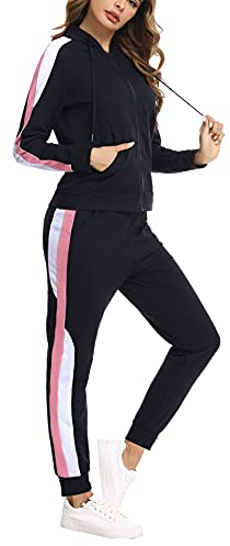 Litherday Jogginganzug Damen Lang Freizeitanzug Baumwolle Trainingsanzug Frauen Streifen Sportanzug Fitnessanzug mit Taschen, Marine, XL