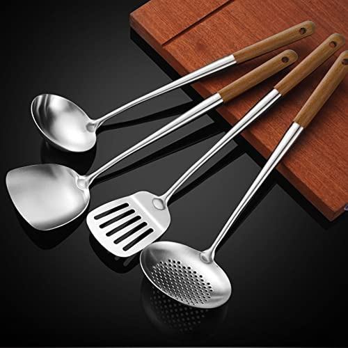 NIITAWH Juego de utensilios de cocina de acero inoxidable, juego de utensilios de cocina de 4 piezas de 17 pulgadas de largo, utensilios de wok de mango de madera con Skimmer, espátula de wok,