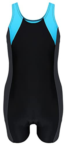 Aquarti Girls' One Piece Shorty Swimsuit Child, Black/Graphite/Blue, 152