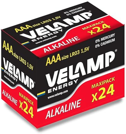 VELAMP - 24 Batterie AAA 1,5V, Pile AAA Alcaline, Pile Ministilo Monouso per Controller, Giocattoli, Torce, Telecomandi, Dispositivi Elettronici di Uso Quotidiano - Confezione da 24