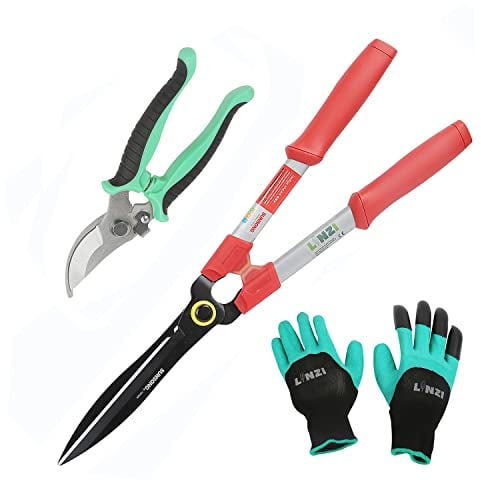 LINZI Garden Shears Set 3PCs, 600mm 24 Inch Hedge Shears + 190mm Bypass Pruning Secateurs Scissors + Garden Gloves, Gardening Care Kit