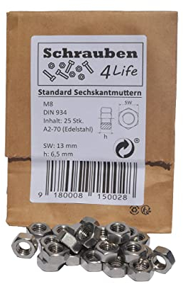 Sechskantmutter M8 Edelstahl 25Stk. Plastikfreiverpackt Schrauben4Life - A2-70, DIN934 Edelstahl, Muttern für Industrie, Garten und Haus (25, M8)