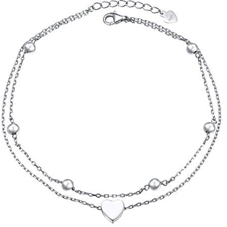 Flyow 925 Sterling Silber Fußkettchen für Damen Mädchen Geschichtetes Herz Einstellbare Plus 11 Zoll + 1 Zoll Fuß Knöchel Armband Schmuck Geburtstagsgeschenk (Geschichtetes Herz 11+1)