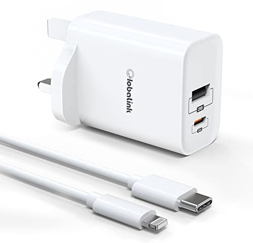 GlobaLink iPhone Fast Charger Cable and Plug,32W 2-Port USB C Fast Charger Plug with 2M USB C Lightning Cable,PD 20W USB C & 12W USB A Port for iPhone 13 12 11 Pro XR X 8 Plus 7 6s iPad Pro