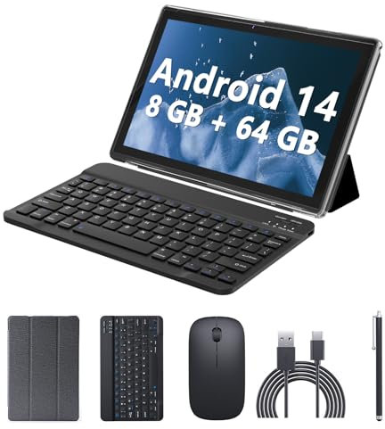 Android 15 Tablet 10 Inch, 2 in 1 Tablets with Keyboard/Mouse/Case/Stylus, 8GB RAM+64GB ROM/1TB Expand Tableta, 1.8Ghz Quad-core Processor, 1280 * 800 HD Touch Screen, 8MP Camera, 5G WiFi 6 Tablet