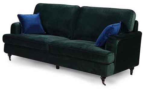 Lovesofas Bottle Green Fabric 3 Seater Velvet Sofa Settee – Small Three Seater Sofa Classic Vintage Traditional English Roll Arm, Antique Brass Castors, Statement Sofas & Couches for Living Room