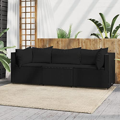 Hommdiy Gartenmöbel Couch-Set Ecksofa 3 TLG. Garten Lounge Set mit Kissen Schwarz Poly Rattan, Garten-Ecksofas-6