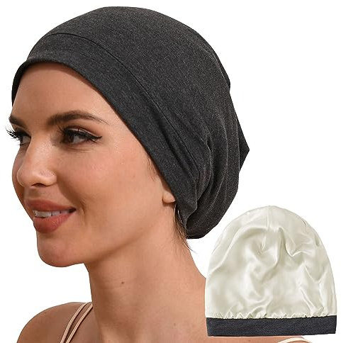 Hat Hut Seidenmütze Schlafmütze aus 100% Maulbeerseide gefüttert, Silk Bonnet, Haube für lockiges Haar, Schlafhaube zum Schlafen, Slouchy Beanie (1-Grau)