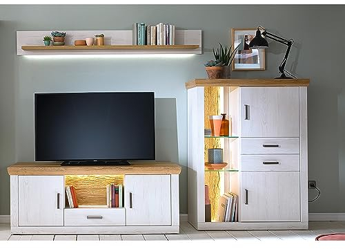 Lomadox Wohnzimmer Wohnwand mit TV Board 154cm breit, Wandregal und Higboard in Pinie weiß mit Eiche Nb., mit LED-Beleuchtung, Landhausstil, Schrankwand, Set B/H/T ca. 275/181/50 cm
